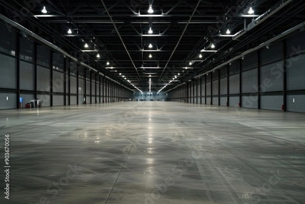 Fototapeta wide angle interior view of a large empty exhibition pavillion, huge empty space with nobody inside
