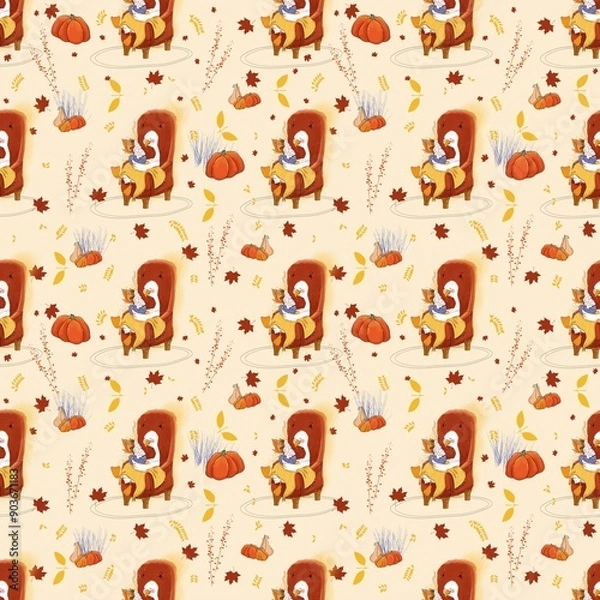 Fototapeta Autumn seamless pattern with cute goose in a chair and pumpkins