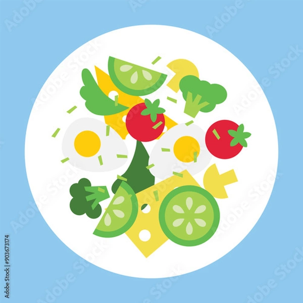 Fototapeta Modern vector card with food, breakfast, vegetables, eggs, avocado, tomato, cucumber, mushrooms, cheese, green peas and lettuce leaves and greenery. Abstract vegetable design in bright color
