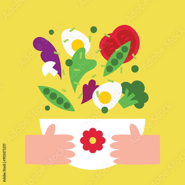 Fototapeta Vector modern flat illustration of salad cooking in a bowl: egg, green peas, lettuce leaves, greens, broccoli, tomatoes, mushrooms. Healthy food. A plate with a flower held in hands