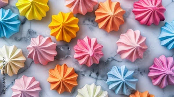 Obraz top view of colorful meringue cookies shaped like flowers or stars on a marble background, highlighting vibrant colors and fine details