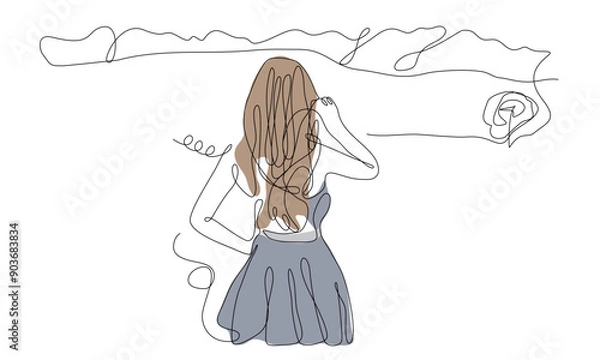 Obraz The girl looks into the distance. drawing in one line without taking your hand off.