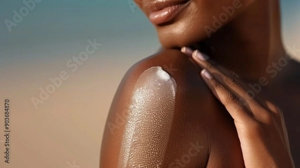 Obraz Close-Up of Woman Applying Sun Protection Cream with Shimmering Gold Effect - Radiant Skin Care on a Sunny Beach Day