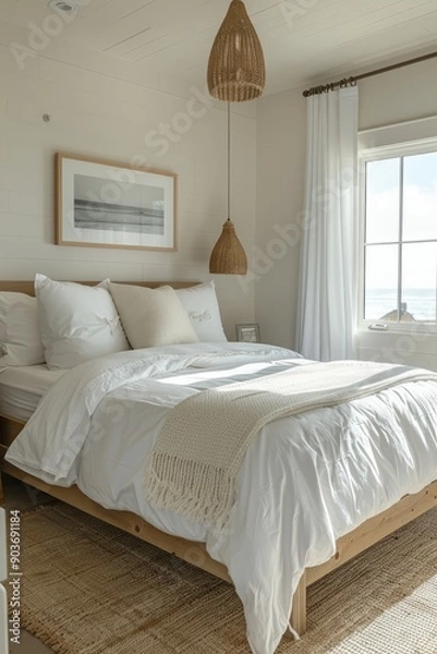 Fototapeta Minimalist Bedroom Design With Platform Bed and Ocean View