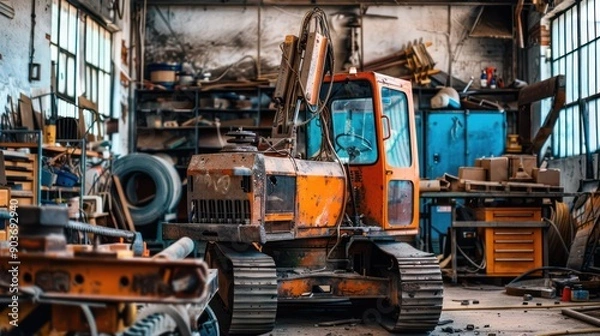 Obraz An old construction machine being refurbished in a workshop