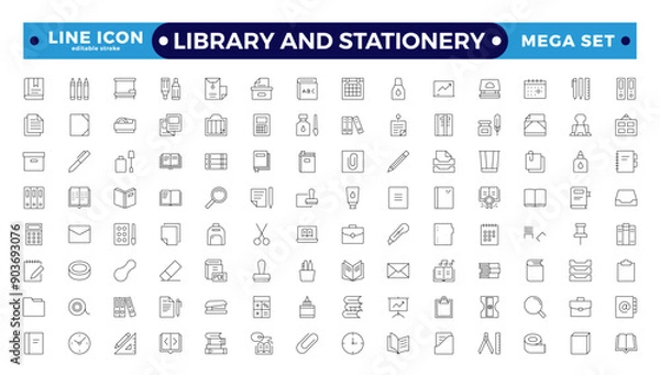 Fototapeta Library and stationery icon set. Contain linear outline icons like College, Knowledge, University, Book, Study, Certificate, Student, Library, Lesson, Stationery. Editable stroke outline icon. 
