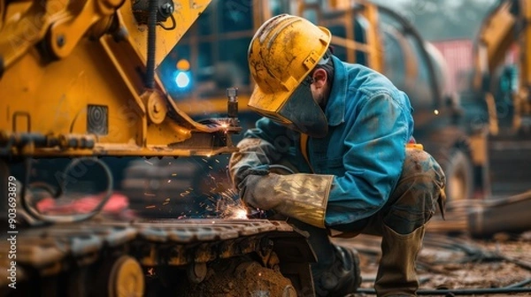 Fototapeta A mechanic welding a part on a heavy construction machine
