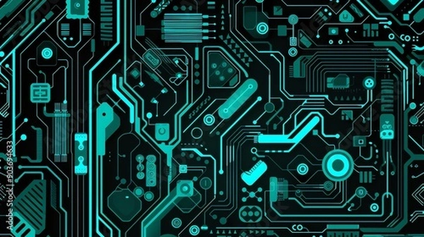 Obraz Detailed close-up of a computer circuit board with intricate patterns and electronic components