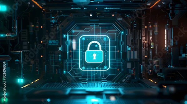 Fototapeta A locked icon in the center of the screen, set against a futuristic, tech-savvy background