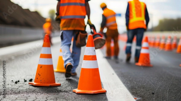 Obraz Construction workers placing traffic cones on a highway