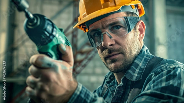 Obraz Construction worker in a hard hat using a power drill