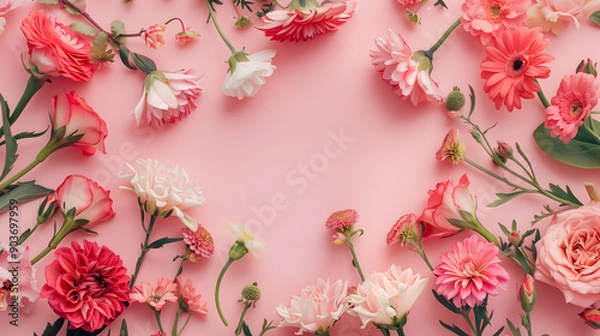 Fototapeta A pink background adorned with many flowers, with a blank space in the center，pink cherry blossom border
