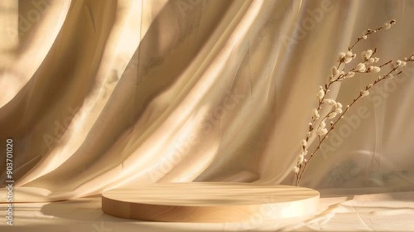Fototapeta An empty product display stand against a minimalist background with silk.，golden curtain with background