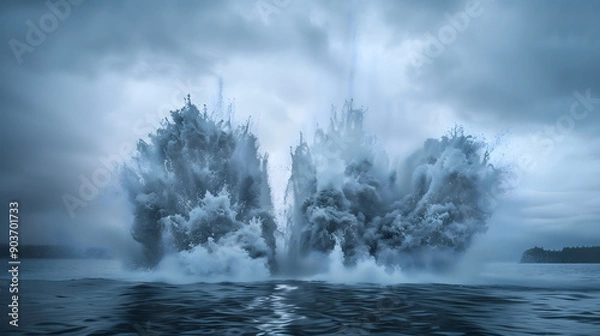 Fototapeta A massive explosion on the water's surface, sending up a large spray of water.