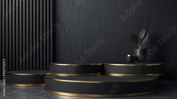 Fototapeta A black and gold display with a plant in a vase