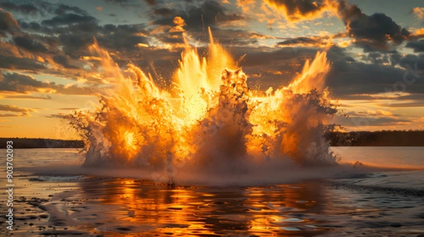 Fototapeta A massive explosion on the water's surface, sending up a large spray of water.