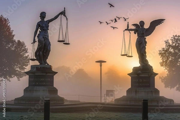 Obraz Justice giants confront. Scales meet quill. Dawn mist swirls. Eagles circle overhead. Constitution grounds them. Law and liberty face off. Judicial drama unfolds.