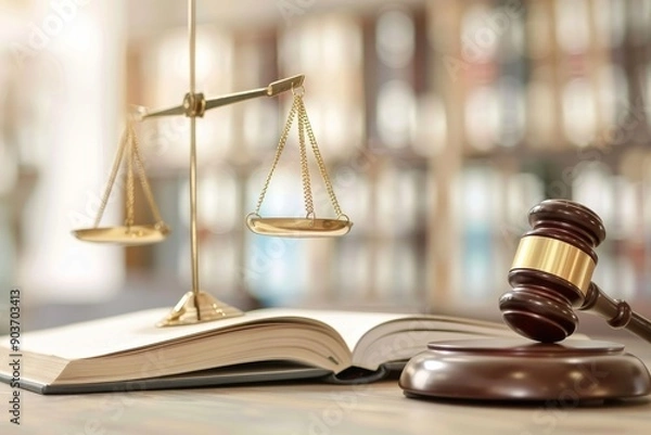 Fototapeta The Scales and Gavel stand as powerful symbols representing Justice and Law within the Courtroom environment, highlighting the essential role they play in the judicial system and legal proceedings