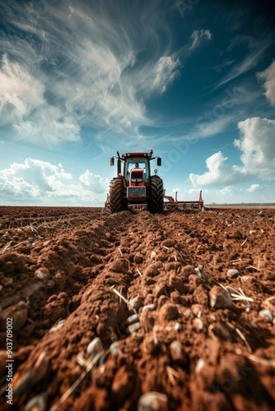 Obraz Red Tractor Plowing a Field Under a Blue Sky