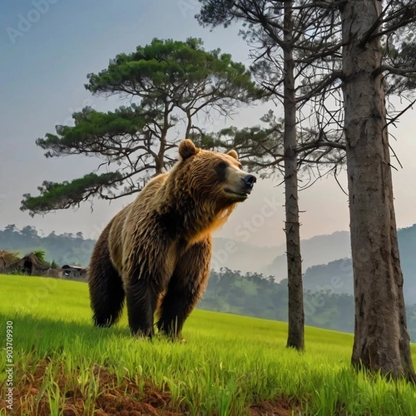 Obraz A large brown bear in a rice field