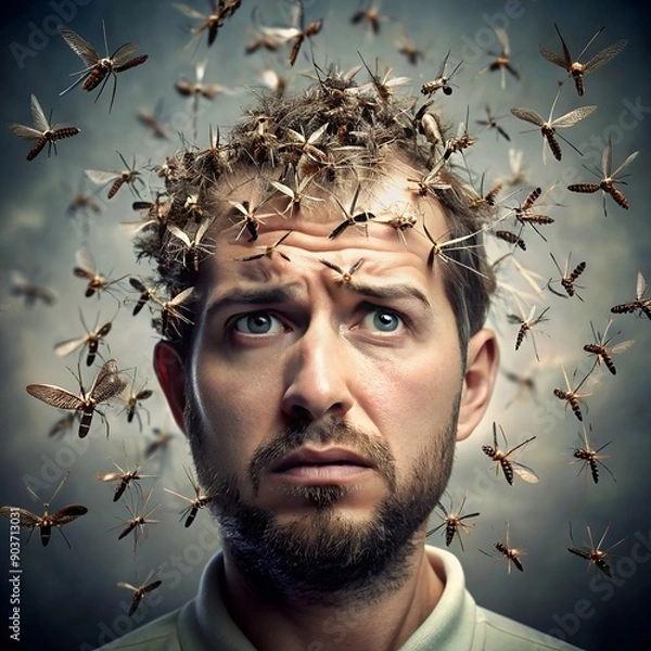 Fototapeta Man surrounded by mosquitoes, expressing frustration and annoyance with the insects