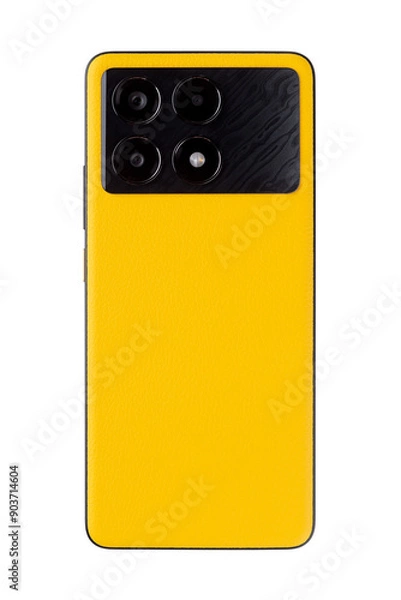 Fototapeta The back of smartphone isolated on a white background. The back panel of the smartphone is made of yellow eco-leather.