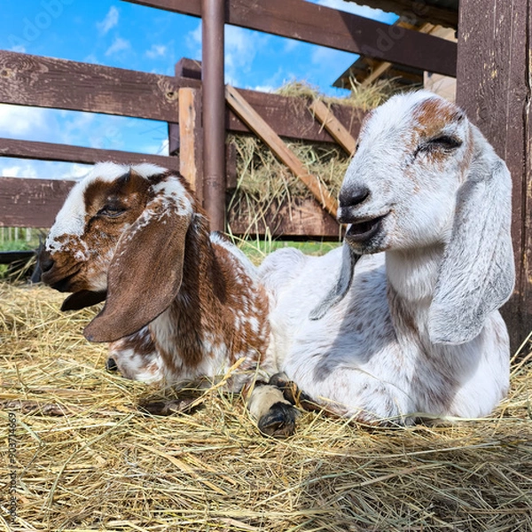 Fototapeta Two Anglo-Nubian goatlings lie on the hay.