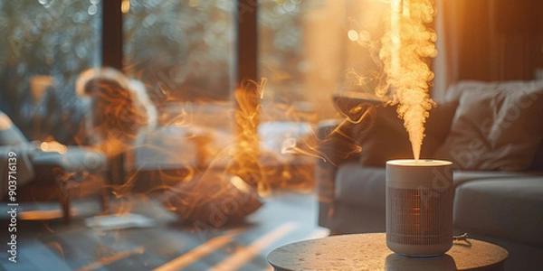 Fototapeta Modern humidifier releasing mist in a cozy living room at night, promoting a comfortable and healthy indoor environment.