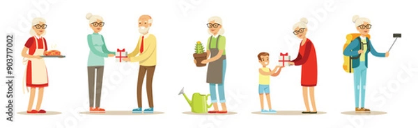 Fototapeta Senior Man and Woman Character Enjoy Retirement Vector Set
