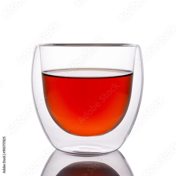 Fototapeta Tea in a transparent glass isolated on a white background. Glass goblet with double walls. Thermal glass with tea.