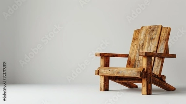 Fototapeta Wooden adirondack chair on a white floor against a wall exudes rustic charm, adding simplicity to any room. Its modern design and natural texture create a cozy atmosphere, enhancing home decor