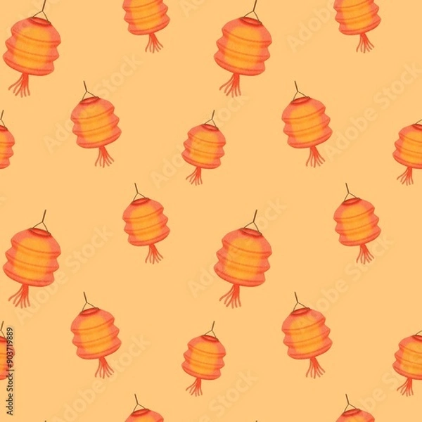 Fototapeta Seamless pattern cylinder paper lantern Orange background
