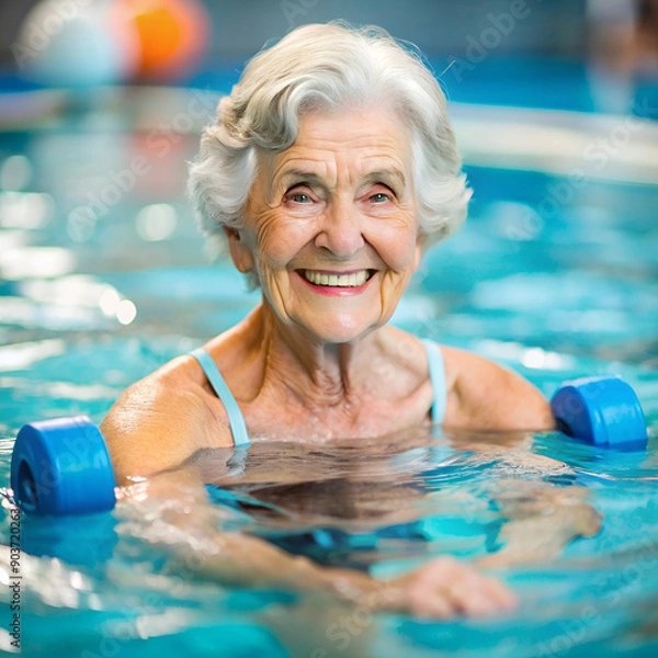 Obraz Happy elderly woman enjoying swimming and exercising in a pool with water weights