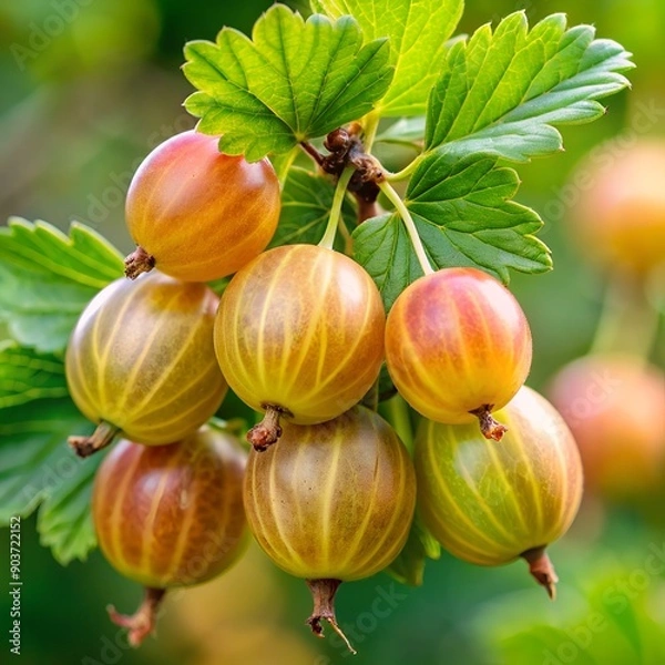 Fototapeta Ripe gooseberries on a branch with lush green leaves in a natural garden setting