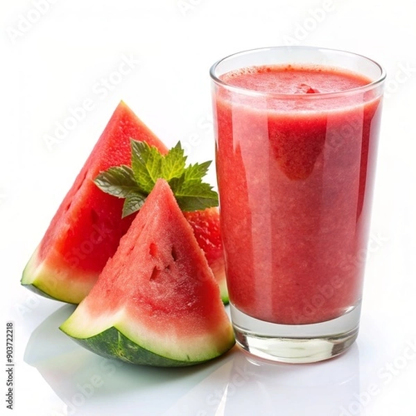 Fototapeta Refreshing watermelon smoothie garnished with mint, accompanied by fresh watermelon slices