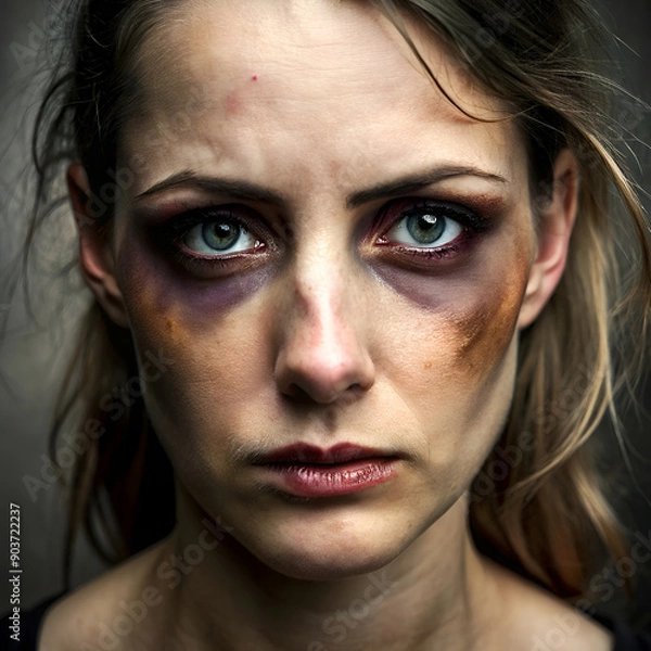 Obraz Close-up portrait of a woman with bruised eyes, conveying sadness and emotional distress