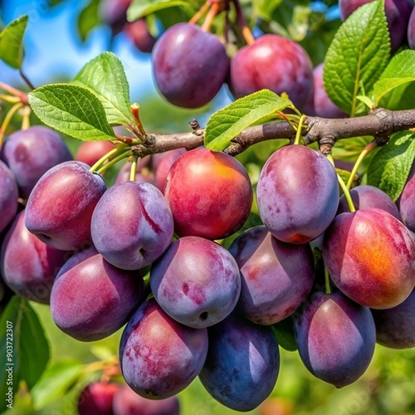 Obraz Ripe plums hanging on a tree branch in a sunny orchard