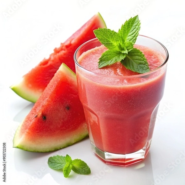 Obraz Refreshing watermelon smoothie garnished with mint, accompanied by fresh watermelon slices