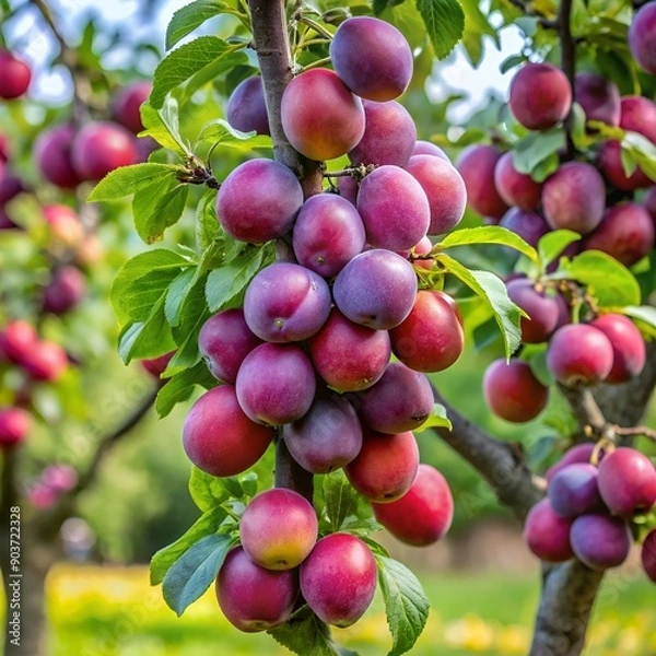 Obraz Ripe plums hanging on a tree branch in a sunny orchard