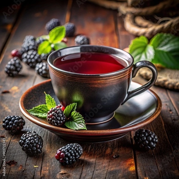 Fototapeta Cup of blackberry tea with fresh blackberries and mint leaves on a rustic table