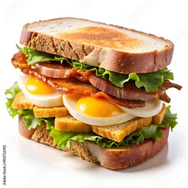 Obraz Delicious sandwich with bacon, eggs, and fresh lettuce on toasted bread