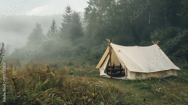 Fototapeta 1. Tent, realistic style, earth tones, nature-inspired pattern, wide shot, natural light, fog,