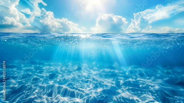 Fototapeta The water surface of the sea glistening with the reflection of sunlight under the blue sky and the transparent underwater landscape. Summer vaction, traver background.