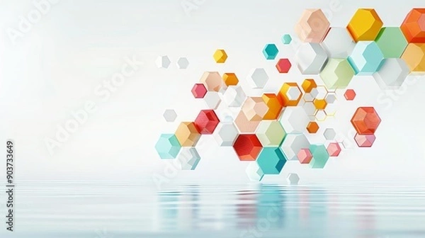 Fototapeta Floating hexagon clusters, dynamic 3D effect, vibrant colors, Watercolor style