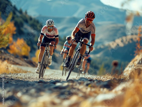 Fototapeta cyclists racing up a winding mountain road, showcasing endurance and determination in a challenging landscape