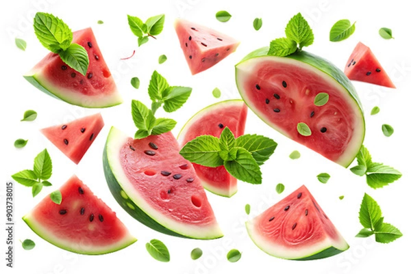 Fototapeta Fresh Watermelon Slices with Vibrant Mint Leaves on White Background - High-Resolution PNG