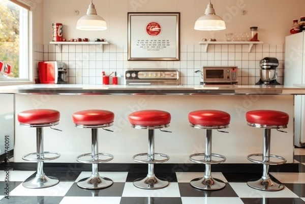 Fototapeta Retro 1950s Diner Kitchen with Red Bar Stools and Chrome Countertop Featuring Blank Poster Mockup for Menus or Food Photography