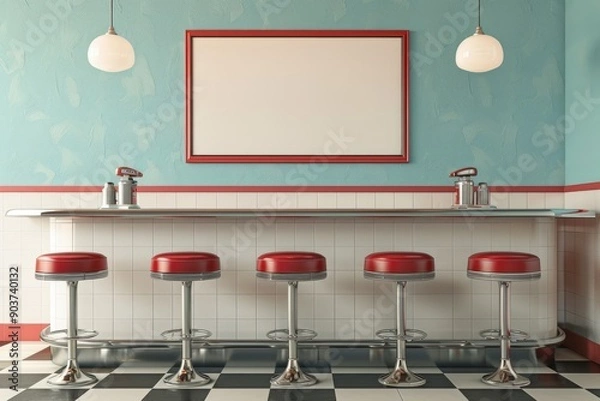 Fototapeta Retro 1950s Diner Kitchen with Red Vinyl Bar Stools and Checkered Floor, Blank Poster for Menu Display