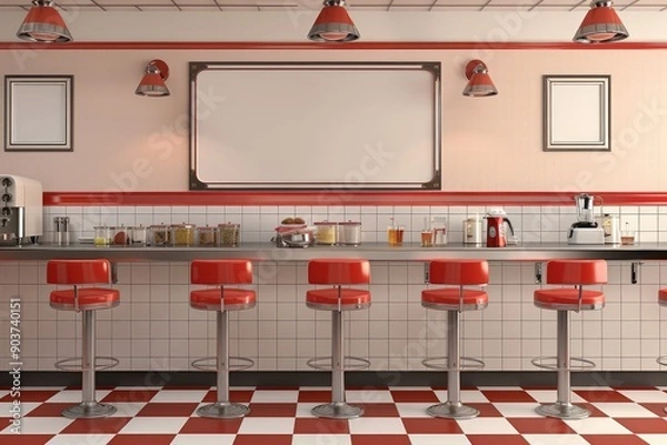 Fototapeta Retro 1950s Diner Kitchen with Red Vinyl Bar Stools and Checkered Floor, Blank Poster for Menu Display