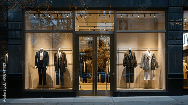 Obraz Elegant storefront with stylish mannequins and evening lighting